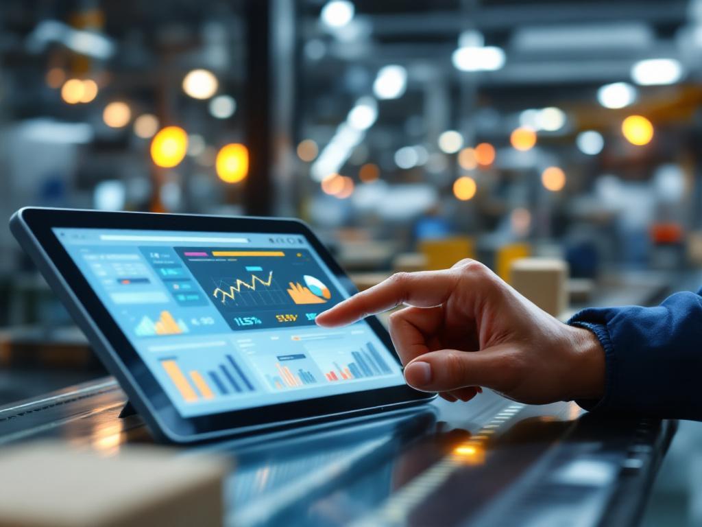 Modern factory floor showing a CNC machine or packaging line with an operator at a tablet-based HMI overlaying real-time production data. Mid-angle shot showing software-on-hardware with touchscreen and dashboard visible.