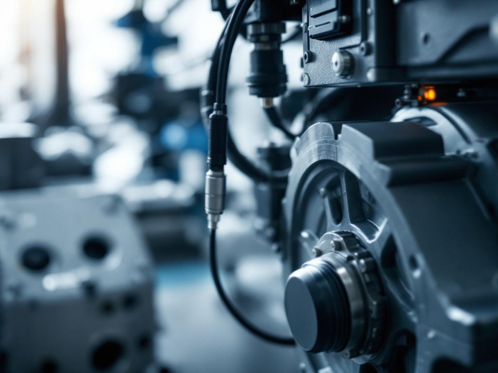 Close-up of an industrial IoT sensor mounted to a motor housing or gearbox, with a small edge-gateway device visible. Realistic, not stock-illustrated.