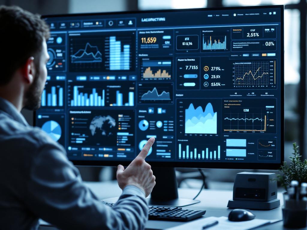 Control-room or monitoring-dashboard view — an engineer reviewing a real-time production dashboard with multiple KPIs, OEE charts, and predictive alerts visible. Communicates the orchestration/visibility layer in action.