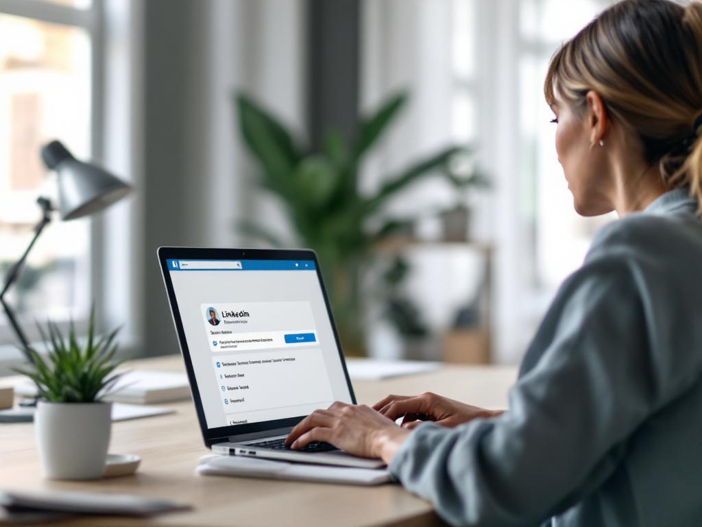 Un profesional de finales de los 30 años sentado en una laptop en una moderna oficina en casa, perfil de LinkedIn visible en la pantalla con una marca de verificación azul visible junto a un campo de correo electrónico de trabajo. Luz natural, ángulo ligeramente por encima del hombro.