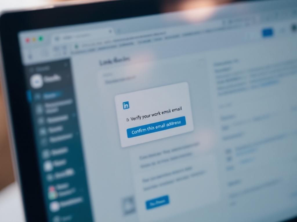 Una bandeja de entrada de trabajo (interfaz web de Gmail u Outlook) con un correo electrónico de verificación de LinkedIn abierto, mostrando claramente el botón 