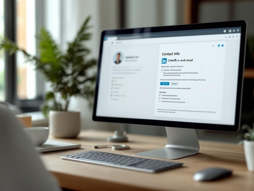 Un panel de información de contacto de perfil de LinkedIn visto en un navegador de escritorio, con la marca de verificación azul claramente visible junto a una dirección de correo electrónico corporativo. Otros detalles de contacto difuminados por privacidad.