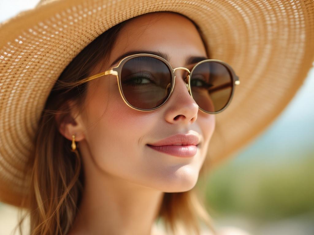 Hero image — close-up portrait of a woman with naturally flushed cheeks, wearing a wide-brim straw hat and sunglasses, soft natural light, outdoor setting (garden or coastline). Expression: calm, confident, not clinical. Skin shows visible mild rosac