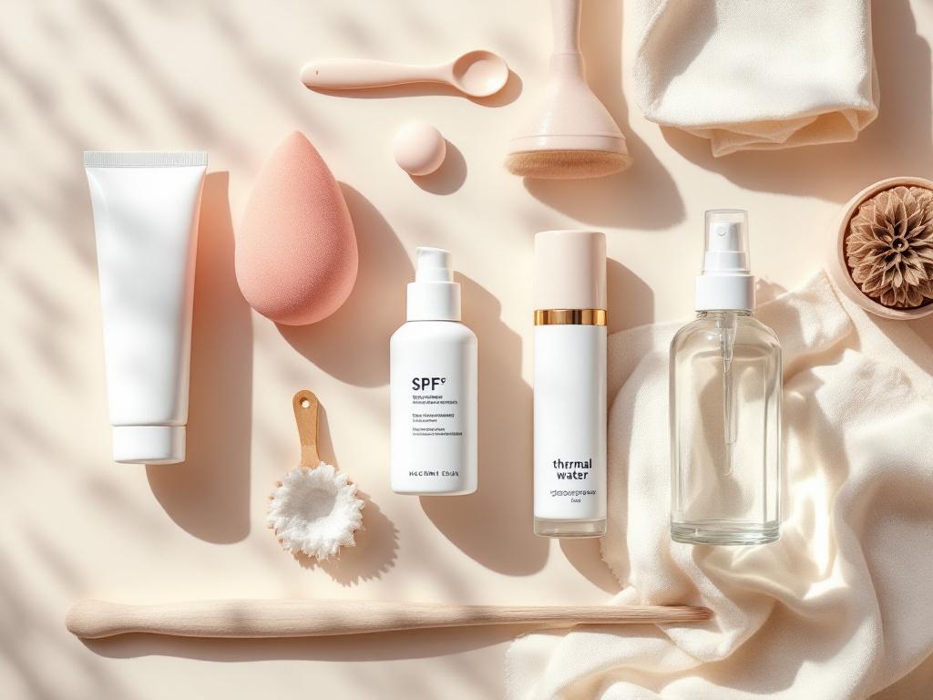 Overhead flat-lay on a soft neutral background — one mineral sunscreen tube (label turned away), a damp pink silicone sponge, a small kabuki brush, a glass bottle of thermal water spray, a folded muslin cloth, and a quarter-teaspoon measuring spoon.