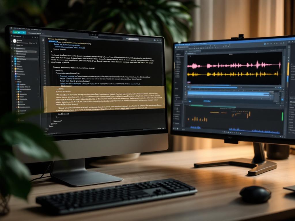 Toma de héroe — espacio de trabajo de un creador de contenido en un escritorio, configuración de doble monitor, una pantalla mostrando un editor de texto con un párrafo destacado, la otra pantalla mostrando software de edición de forma de onda de audio. Iluminación cálida y enfocada. Toma desde ligeramente detrás del creador