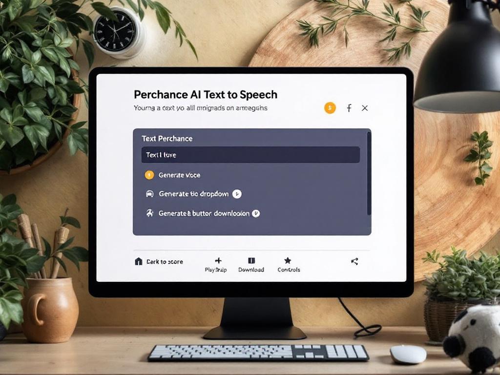 Captura de pantalla de la interfaz de TTS de Perchance anotada con flechas que apuntan a (1) cuadro de entrada de texto, (2) menú desplegable de voz, (3) botón generar, (4) controles de reproducción/descarga. Anotaciones claras y de alto contraste en un color neutro de marca. 1200×700px.
