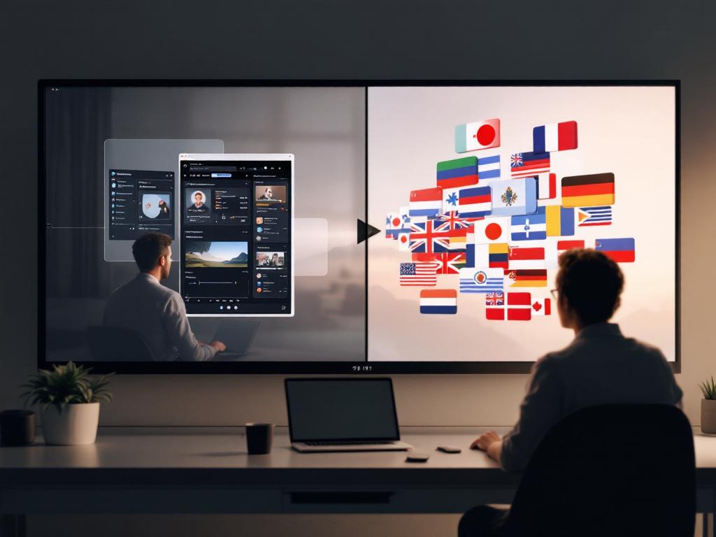 Visual de pantalla dividida mostrando dos flujos de trabajo lado a lado: panel izquierdo muestra un creador único en una laptop con una salida de idioma único; panel derecho muestra el contenido del mismo creador expandiéndose en múltiples banderas de idioma/miniaturas. Simboliza el escalado multilingüe.