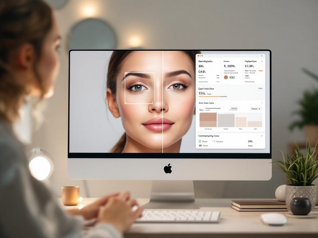 A developer's split monitor: left half shows a face-detection bounding-box overlay on a skin-tone reference chart; right half shows a JSON response with ingredient fields (CAS number, comedogenic score). Clean, low-saturation, technical aesthetic. Sh