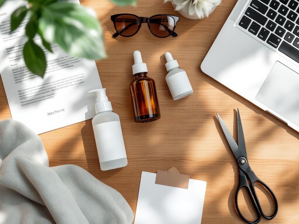 Overhead flat-lay of three unbranded skincare bottles (frosted glass dropper, white airless pump, amber jar) sitting next to a printed mockup label, a pair of scissors, a sample swatch card, and a laptop open to a supplier email. Natural daylight on 