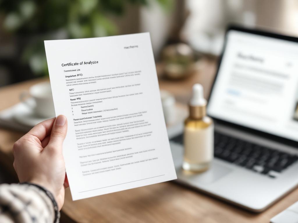 Close-up of a hand holding a printed Certificate of Analysis or INCI ingredient list next to an unlabeled skincare bottle, with a laptop blurred in background showing a supplier RFQ email.