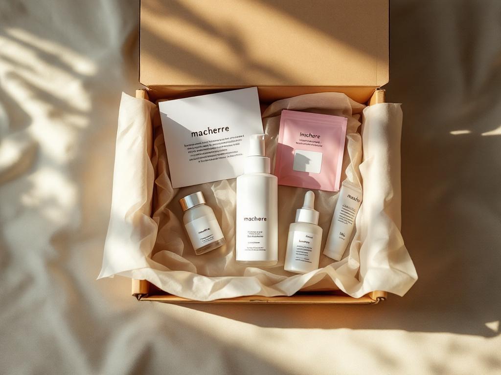 Flat-lay of an opened shipping box revealing white label skincare products nested in tissue paper, with a branded thank-you card, a printed ingredient insert, and a small sample sachet visible. Warm lighting, shot from above.