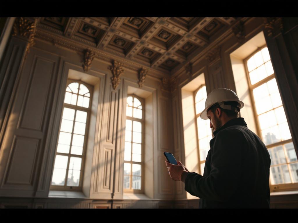 Wide-angle shot inside an ornate historic interior with coffered ceiling and decorative plasterwork visible, an architect in the foreground holding an iPhone doing a LiDAR sweep, late afternoon light through tall windows