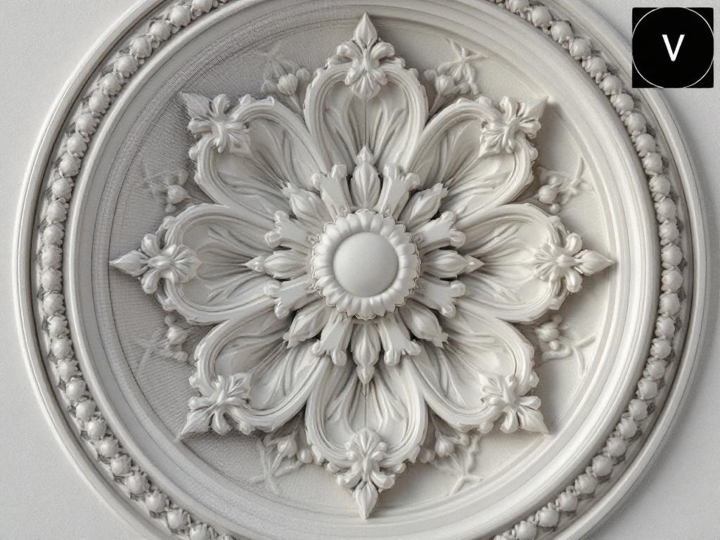 Close-up of an ornate plaster ceiling rosette or decorative stonework rendered from a 3D scan — textured mesh visible with mesh wireframe overlaid at one edge to show the underlying geometry