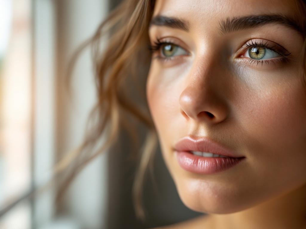 Close-up portrait of a woman in her early 30s in natural morning window light, gazing slightly off-camera. Bare skin, no makeup, soft focus on the under-eye area. Should feel honest, not glamorous — neither airbrushed nor unflattering. Warm, professi