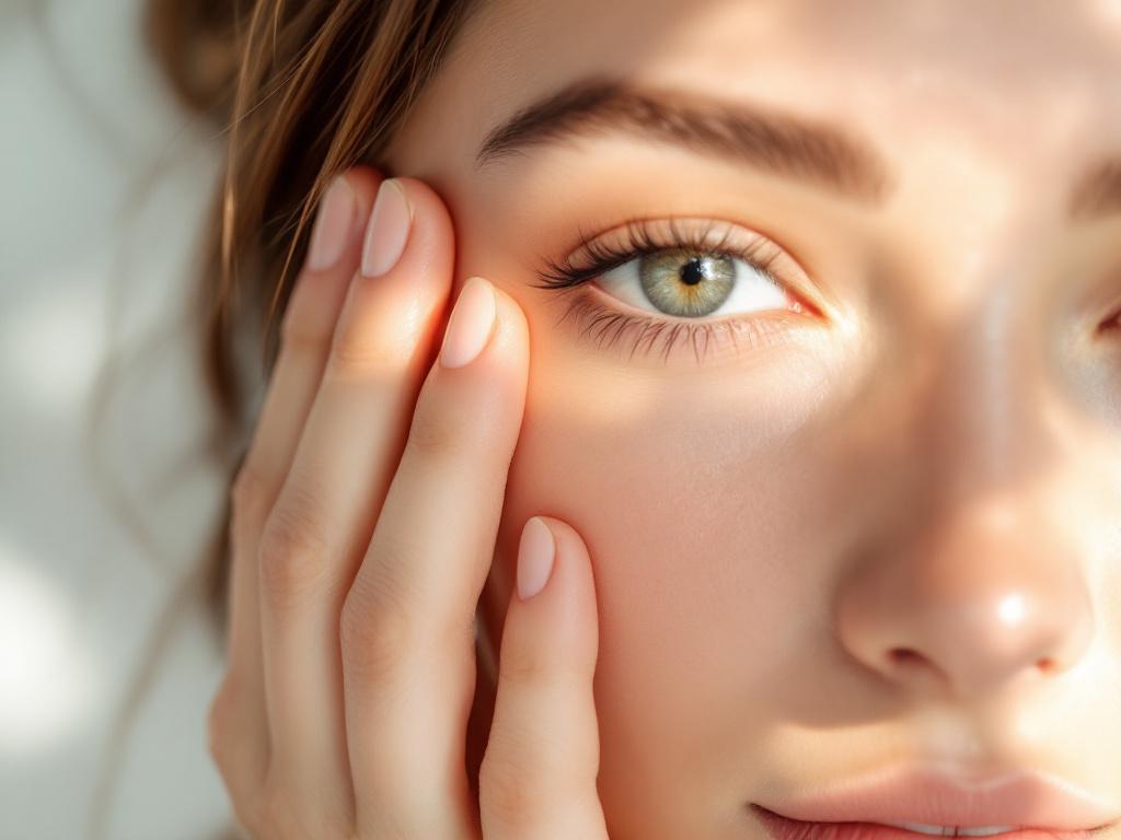 Top-down close-up of a woman's hand demonstrating the ring-finger lymphatic stroke under her eye. Soft morning light, clean skin, no makeup. Hand position clearly shows the ring finger pressed lightly against the inner corner of the under-eye area. C