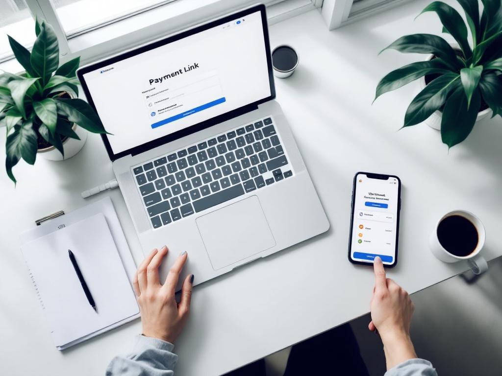 Ein Schreibtisch eines Schöpfers von oben – offener Laptop, der eine saubere Zahlungslink-Schnittstelle mit einer Wallet-Connect-Aufforderung anzeigt, ein Smartphone daneben mit einem Token-Auswahlbildschirm, mechanische Tastatur, Kaffeetasse, kleine Monstera-Pflanze in der Ecke. Natürliches 
