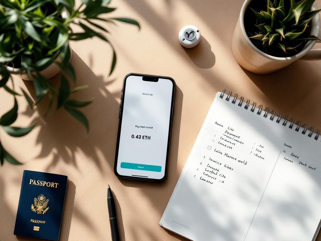 Flatlayer-Aufnahme eines Arbeitsplatzes mit einem Smartphone, das einen sauberen Zahlungsbestätigungsbildschirm zeigt („Zahlung erhalten: 0,42 ETH