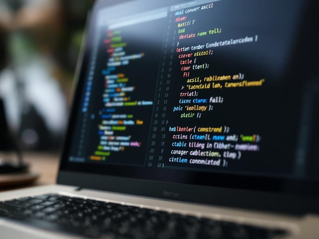 개발자의 모니터를 클로즈업한 사진으로, 터미널 창이 원본 ASCII 숫자 코드(왼쪽)와 디코딩된 읽을 수 있는 텍스트(오른쪽)로 분할되어 있다. 어두운 IDE 테마, 약간의 각도가 있는 샷, 전경의 키보드에 얕은 심도가 있다.