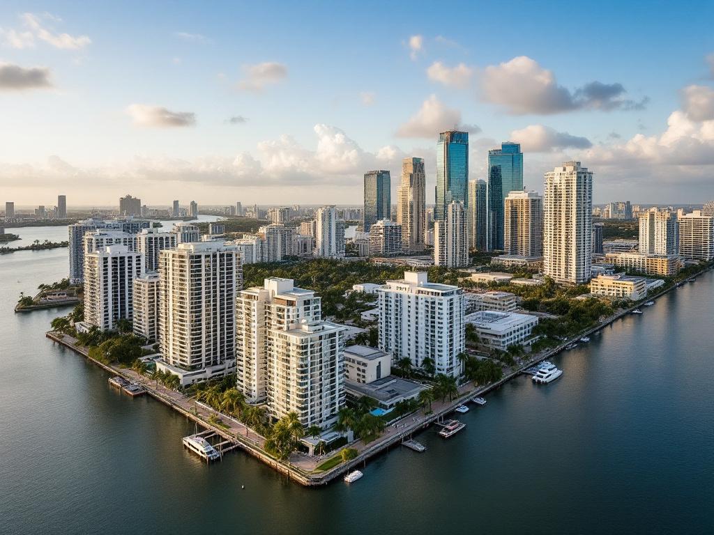 Aerial or elevated shot of Fort Lauderdale skyline showing mix of older mid-rise condos along the Intracoastal with newer downtown high-rises in the background. Late-afternoon light. Realistic, not stock-glamour.