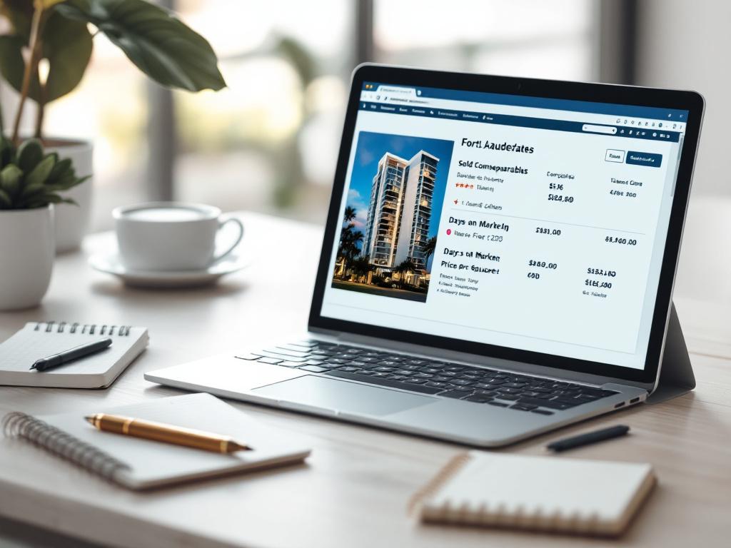 A laptop or tablet on a desk showing a real-estate listing screen — sold comparables, days-on-market column, price-per-square-foot. Notebook with handwritten notes alongside. Realistic working scene, not staged stock.