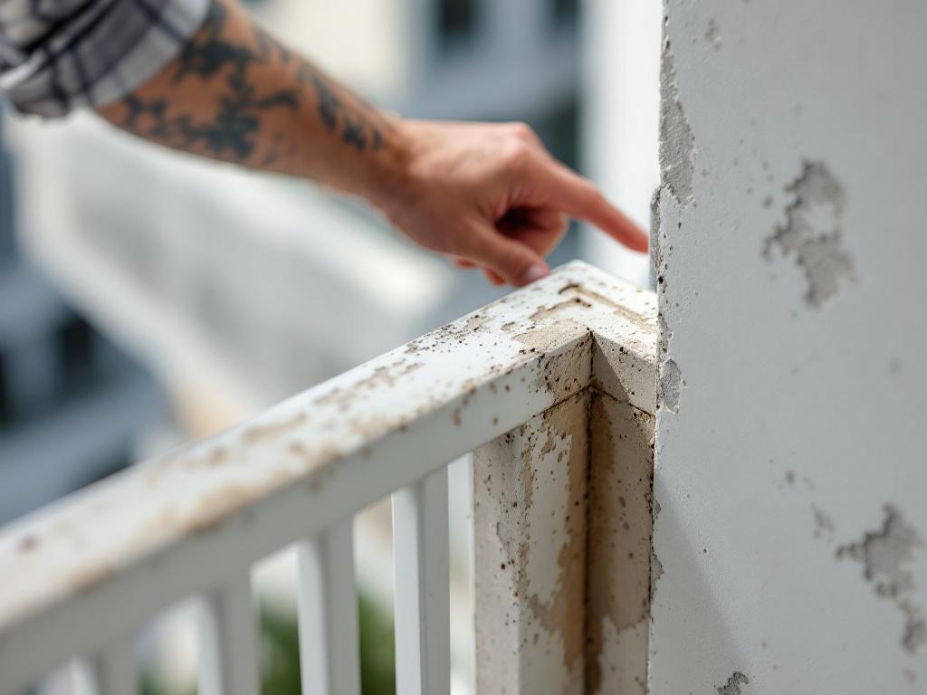 A licensed inspector or buyer examining a condo balcony — close-up of hand checking railing connection or pointing at spalling concrete edge. Realistic, work-focused.