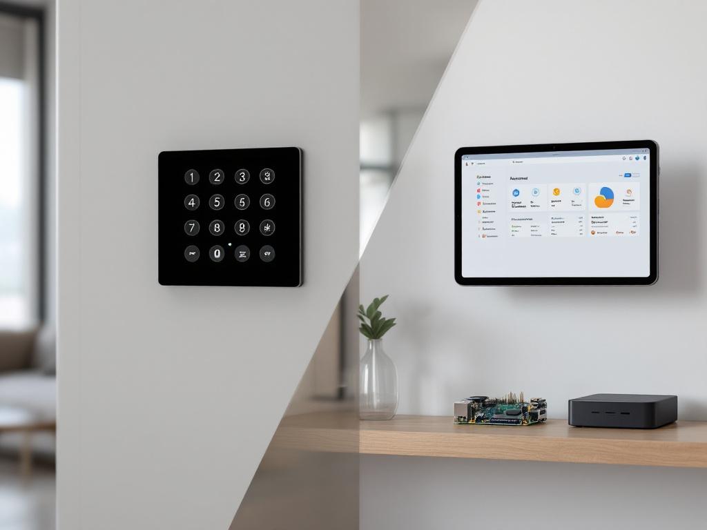 Hero image — split-frame composition. Left side shows a clean, professionally installed Control4 wall keypad and touchscreen in a luxury living room. Right side shows a Home Assistant dashboard on a wall-mounted tablet in a more contemporary apartmen