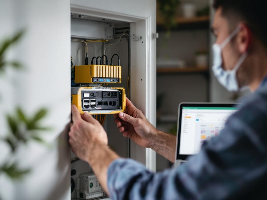 A technician mounting a Home Assistant Yellow or NUC-class device in a Warsaw apartment electrical cabinet, with Zigbee USB stick visible and laptop showing a Home Assistant dashboard mid-configuration. Caption: "Professional Home Assistant inst