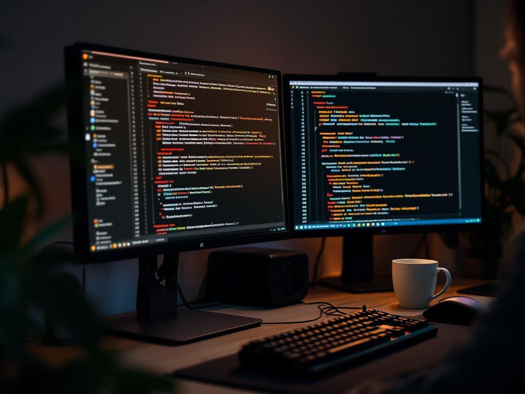 A developer's workstation showing two monitors — one with Android Studio open to a build.gradle.kts file with the plugins block visible, another running an iOS simulator with a Compose Multiplatform app. Coffee cup, mechanical keyboard. Shot from ove