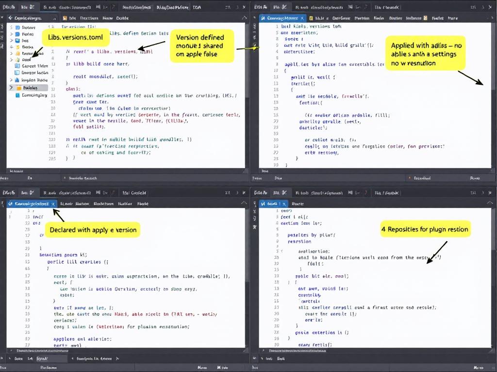 Screenshot of a four-pane IDE view showing libs.versions.toml, root build.gradle.kts, shared module build.gradle.kts, and settings.gradle.kts side by side. Yellow callout arrows labeling: (1) "Version defined once here," (2) "Declared