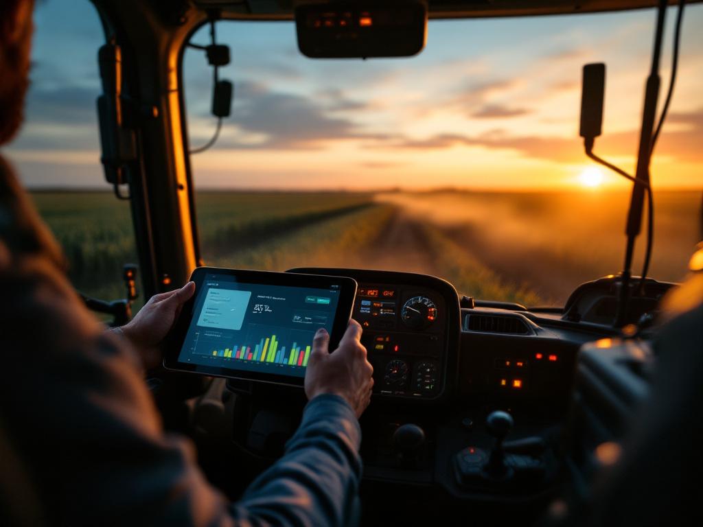 Wide shot of a row-crop planter mid-field at dusk, dust trailing behind, with the operator's iPad visible through the cab glass showing live data. Mood: technical, working, real.