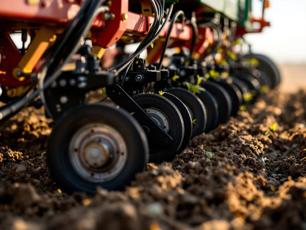 Close-up of a planter row unit lifted slightly, showing the seed tube, gauge wheels, and the SmartFirmer sensor mounted behind the disc opener. Visible sensor cabling and the in-furrow position.