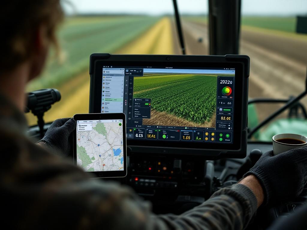 In-cab shot — operator's view of the 20/20 display showing live per-row population data, a small map view with the prescription overlay, and one row flagged in amber for low singulation. Real working clutter (coffee cup, gloves) makes it credible.