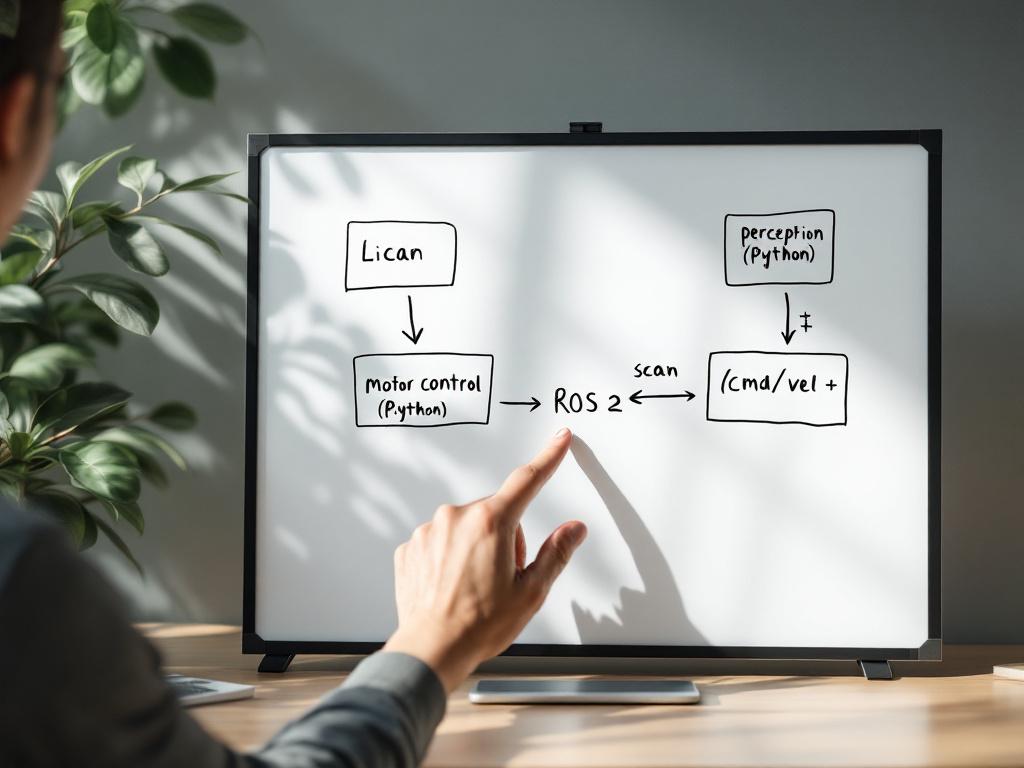A whiteboard or large monitor showing a hand-drawn ROS 2 node graph — boxes labeled "lidar_driver (C++)", "perception (Python)", "planner (Python)", "motor_control (C++)" with arrows labeled `/scan`, `/cmd_vel`