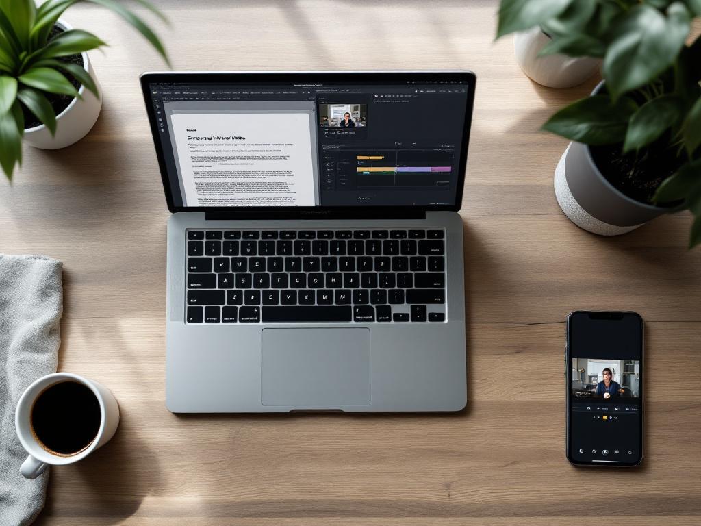 Flat-lay desk scene — open MacBook displaying a Google Doc script on the left half, the right half showing a finished video timeline in a video editor. Coffee mug, smartphone showing video preview, soft natural window light, top-down angle.
