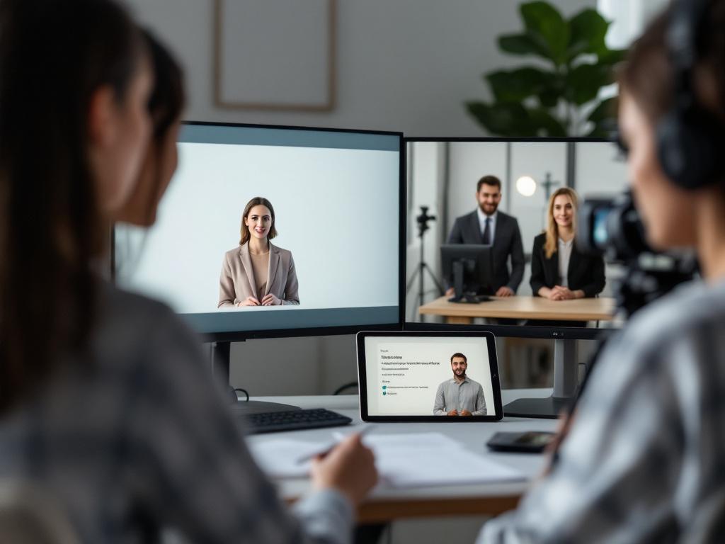 Side-by-side monitor setup — one screen showing an AI-generated avatar video preview, the other showing a human presenter being filmed on a real set with a camera operator visible. Same script visible on a tablet in foreground.