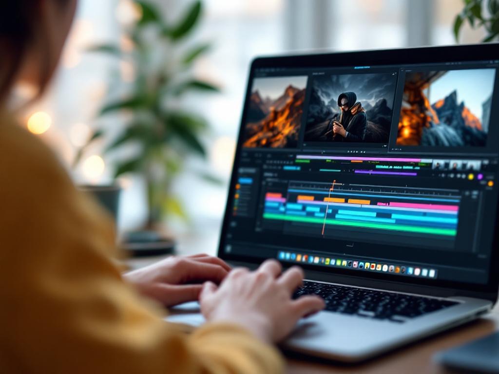 Schermo del laptop che mostra l'interfaccia gratuita di DaVinci Resolve con una timeline aperta — pulita, senza volti, nessun chrome dell'interfaccia. Angolazione leggermente laterale, luce naturale morbida dalla finestra.