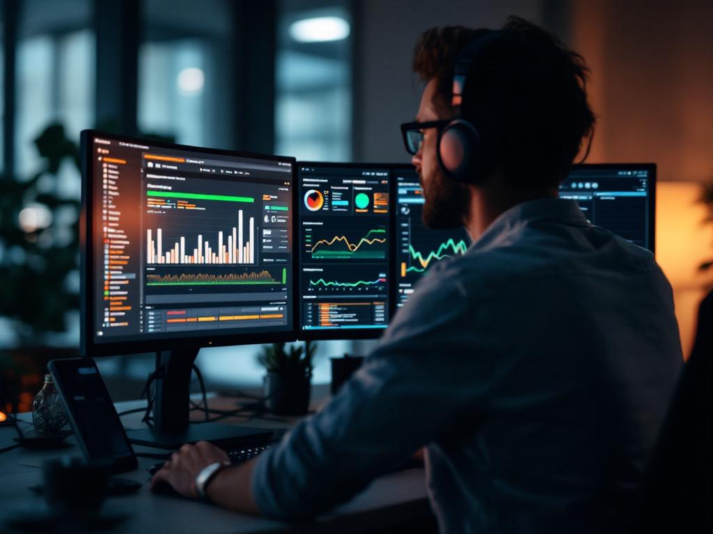 A software engineer at a multi-monitor workstation, one screen showing CI/CD pipeline status (green build checks), another showing a Grafana-style metrics dashboard with deployment frequency graphs. Mid-shot, slightly elevated angle, low-key office l