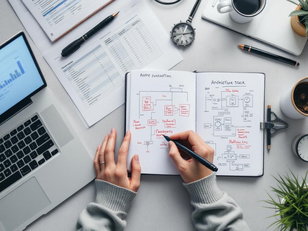 Overhead flat-lay of a vendor evaluation in progress — printed RFP responses, a laptop showing a comparison spreadsheet, a notebook with handwritten red-pen annotations on architecture diagrams. Conveys diligence, not marketing.