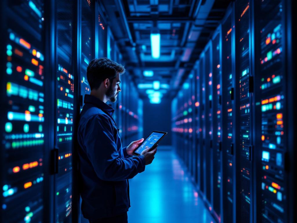 A modern data center hot aisle — rows of server racks with status LEDs, cool blue overhead lighting, an engineer in mid-frame consulting a tablet showing infrastructure metrics. Conveys enterprise-scale production environment, not stock cloud imagery
