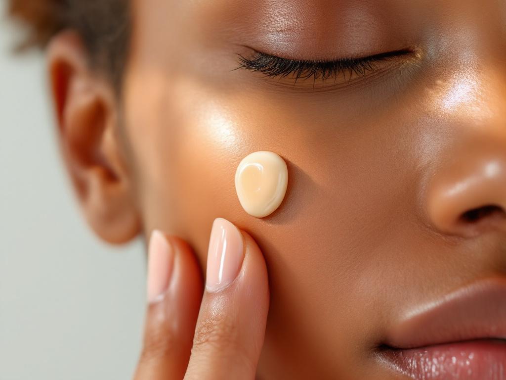 A close-up of a deep-skin-tone hand smoothing a dime-sized drop of clear/translucent sunscreen along the cheekbone. The product should look glossy, not chalky. Natural daylight, warm tones. Visible texture of the skin (not airbrushed). Frame from tem