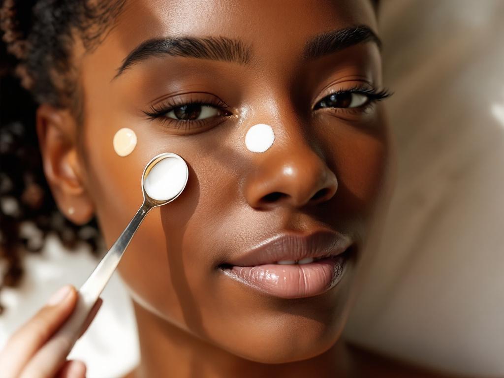 Overhead-angled close-up of a deep-skin-tone face showing five dots of sunscreen pre-blend (forehead, both cheeks, nose, chin). Natural daylight. Next to the face, a measuring spoon showing a quarter-teaspoon dose for scale. Realistic [skin texture](