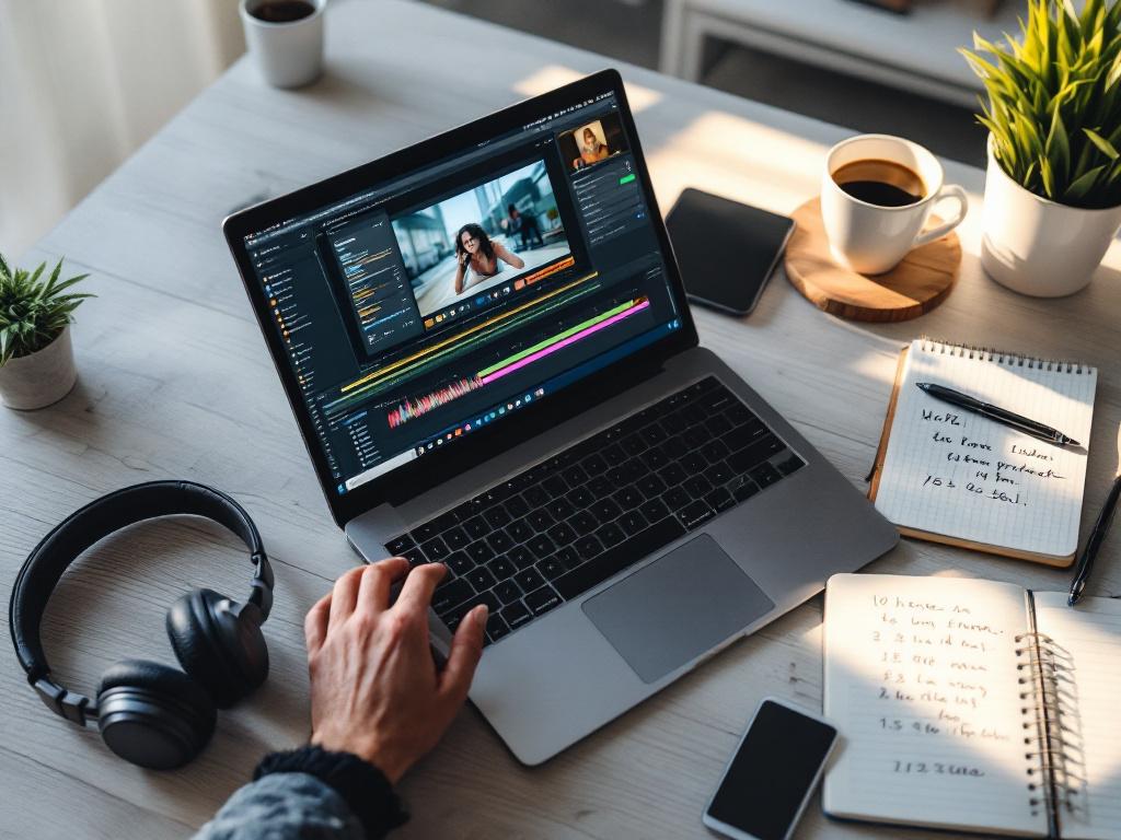 Overhead shot of a creator's workspace showing a laptop with a long video timeline visible on screen, headphones on the desk, a half-full coffee mug, and a notepad with scrawled timestamps. Late afternoon light, slightly cluttered, the look of someon