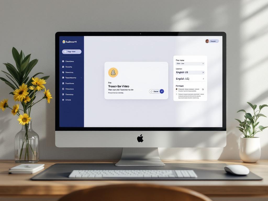 Screenshot-style image of a clean SaaS upload interface — file drop zone in the center, language dropdown to the right showing "English (US)" selected, format toggle below it. Generic dashboard styling, not a specific competitor's UI.