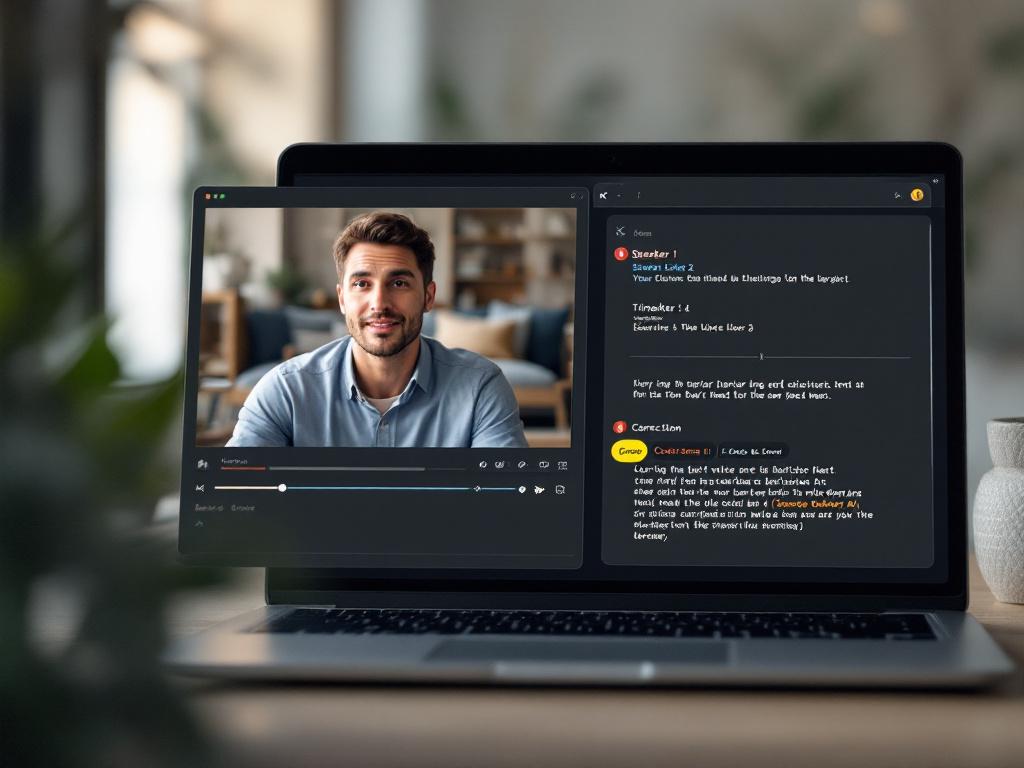 Split-screen workspace — video player on the left showing a paused frame of a person mid-sentence, transcript editor on the right with timestamps in the left margin, speaker labels (Speaker 1, Speaker 2) in different colors, and one word highlighted 