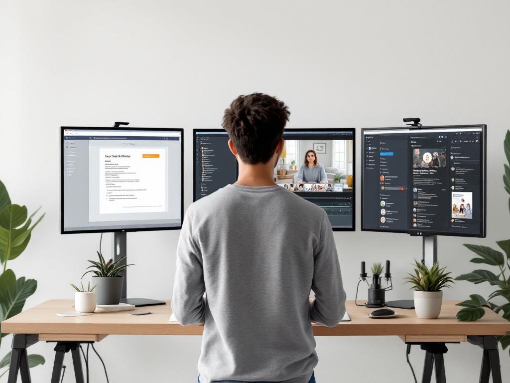A creator at a standing desk reviewing three monitors — left screen shows a blog post draft, center screen shows a video timeline with subtitle track visible, right screen shows a social post composer. The setup conveys "one source, many outputs