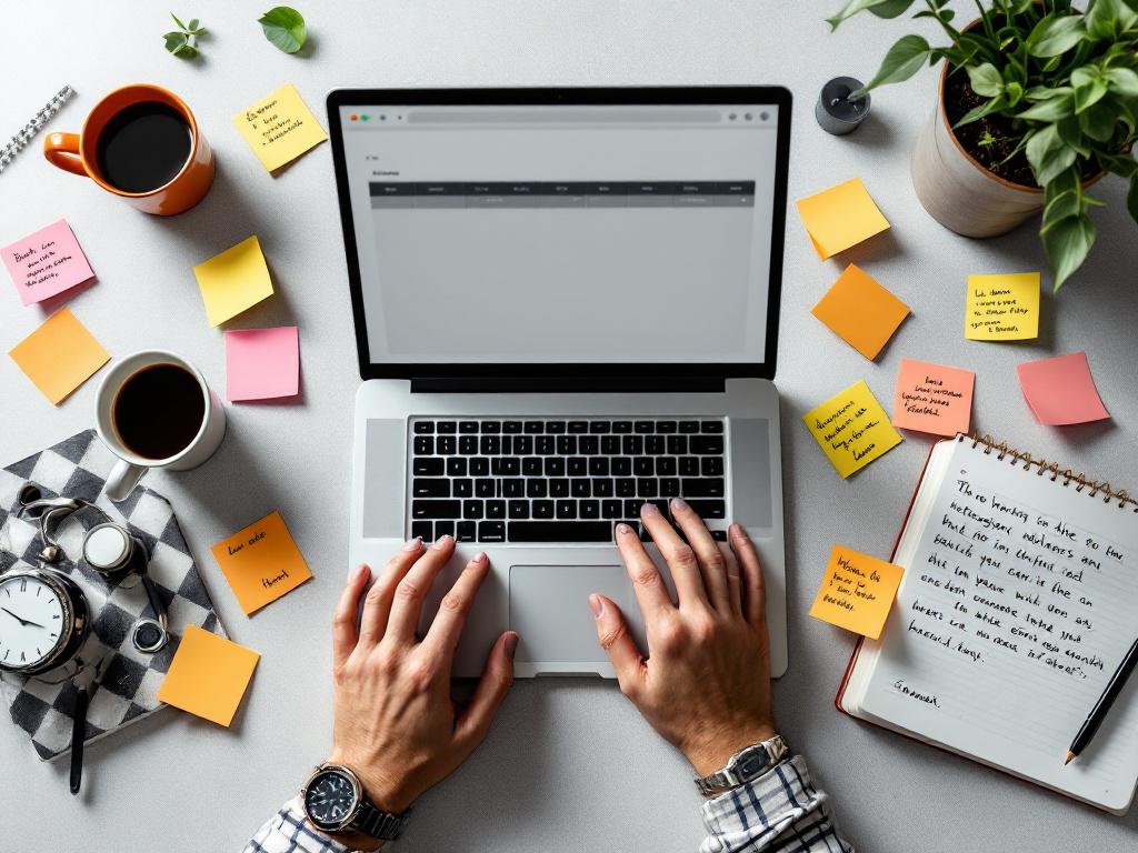 Overhead shot of a cluttered desk — laptop open to an empty editorial calendar, sticky notes with story ideas scattered around, a coffee cup, a notebook with handwritten customer quotes. Slightly desaturated, modern workspace aesthetic. Anchors the &