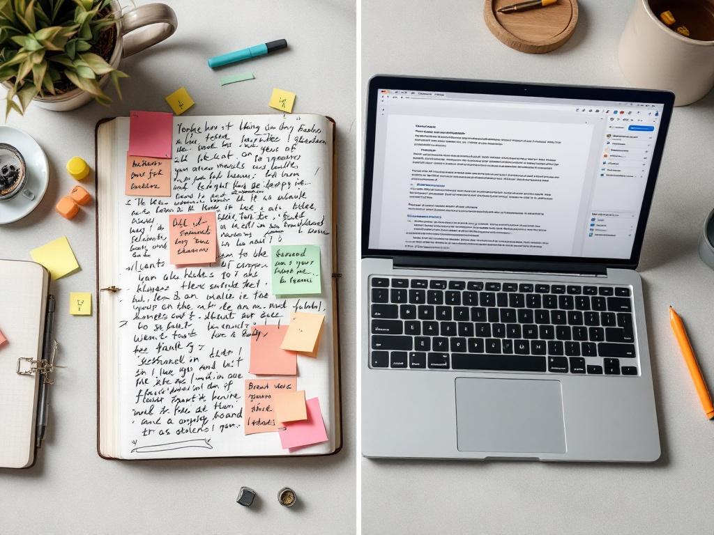 Split-screen workspace shot. Left side: handwritten messy research notes, sticky tabs in a notebook, highlighter marks. Right side: clean laptop screen showing an organized document with structured headers, highlighted keywords, and a sidebar with br