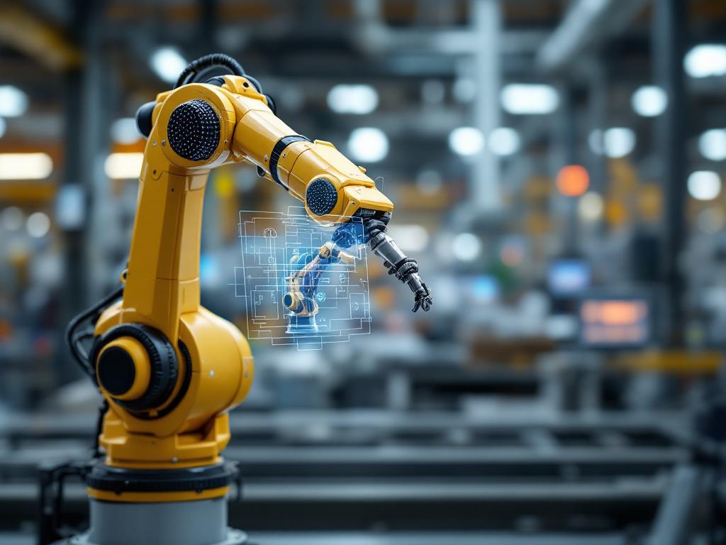 Hero shot of a robotic manipulator (Franka Panda or Universal Robots arm) mid-motion in an industrial setting, with a faint overlaid simulation viewport showing the same arm in a digital twin environment. Angle: 3/4 view from slight low angle, sharp