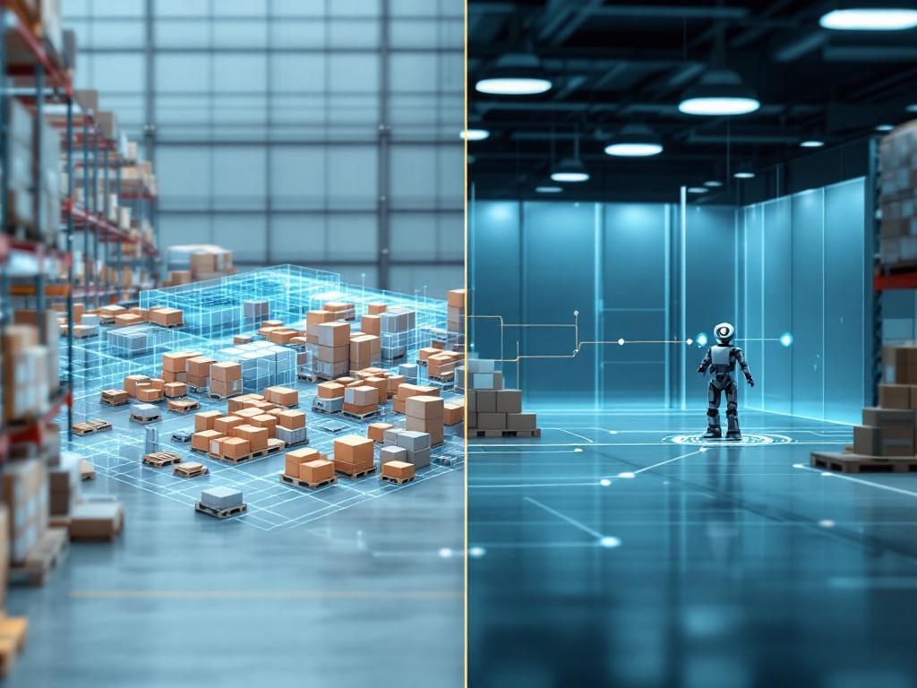 Split-frame composition showing a LiDAR point-cloud scan of a real warehouse environment on the left, transitioning into a rendered simulation viewport on the right with a robot training inside it. Annotations or thin connecting lines indicate the re