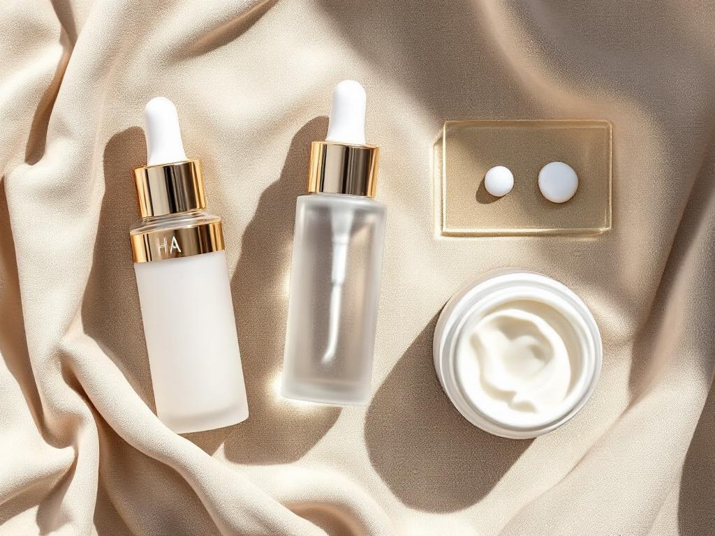 Overhead flat-lay on oat-colored linen showing three open HA moisturizer containers of visibly different textures — a clear watery serum, a translucent gel, and a thick white cream — with a single drop of each product on a glass slide beside its cont